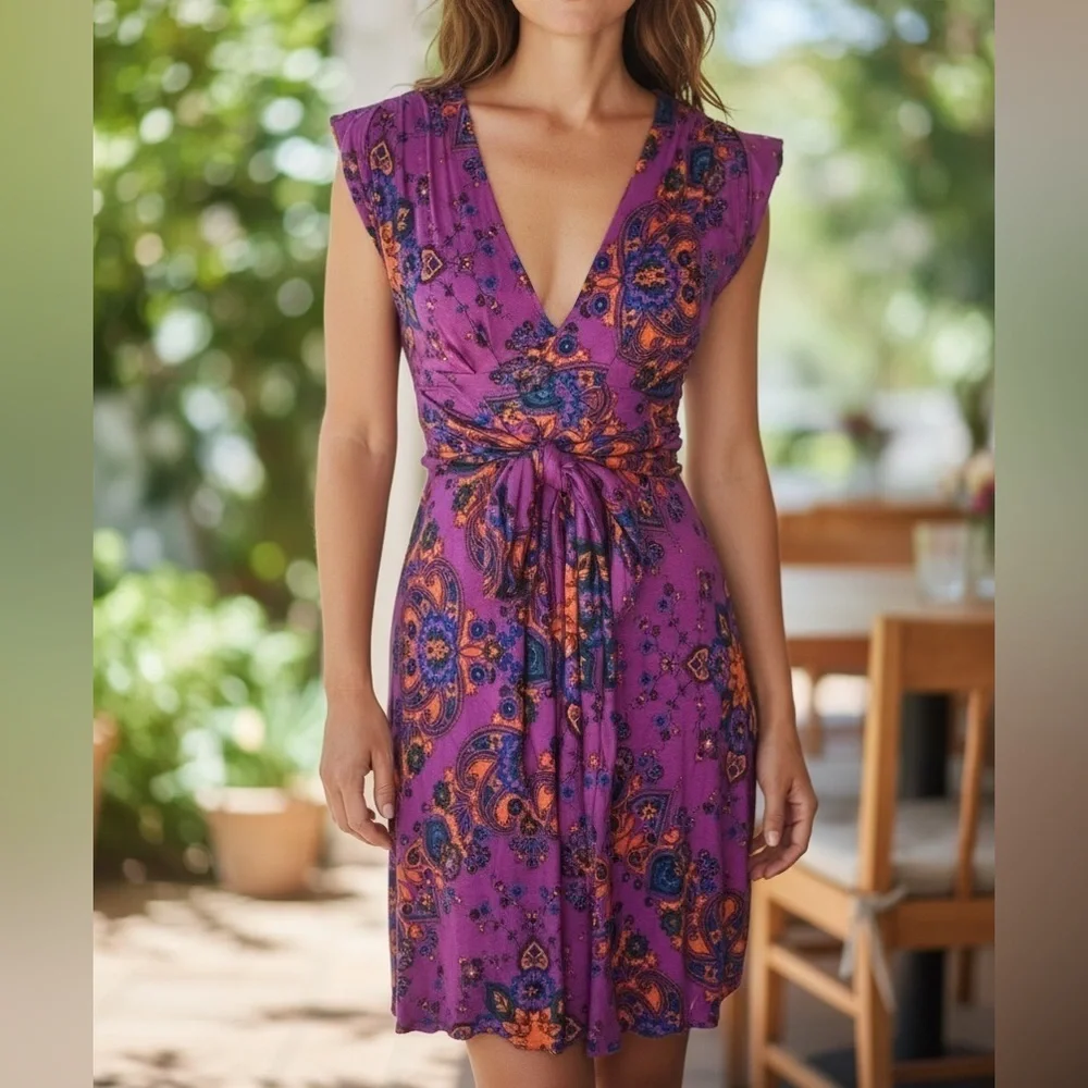 NWOT Free People Mixed Print V Neck Sleeveless Waist Tie Mini Dress
